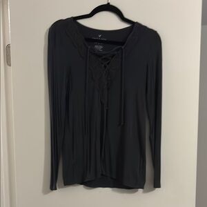 American Eagle Outfitters Charcoal Lace-Up Blouse